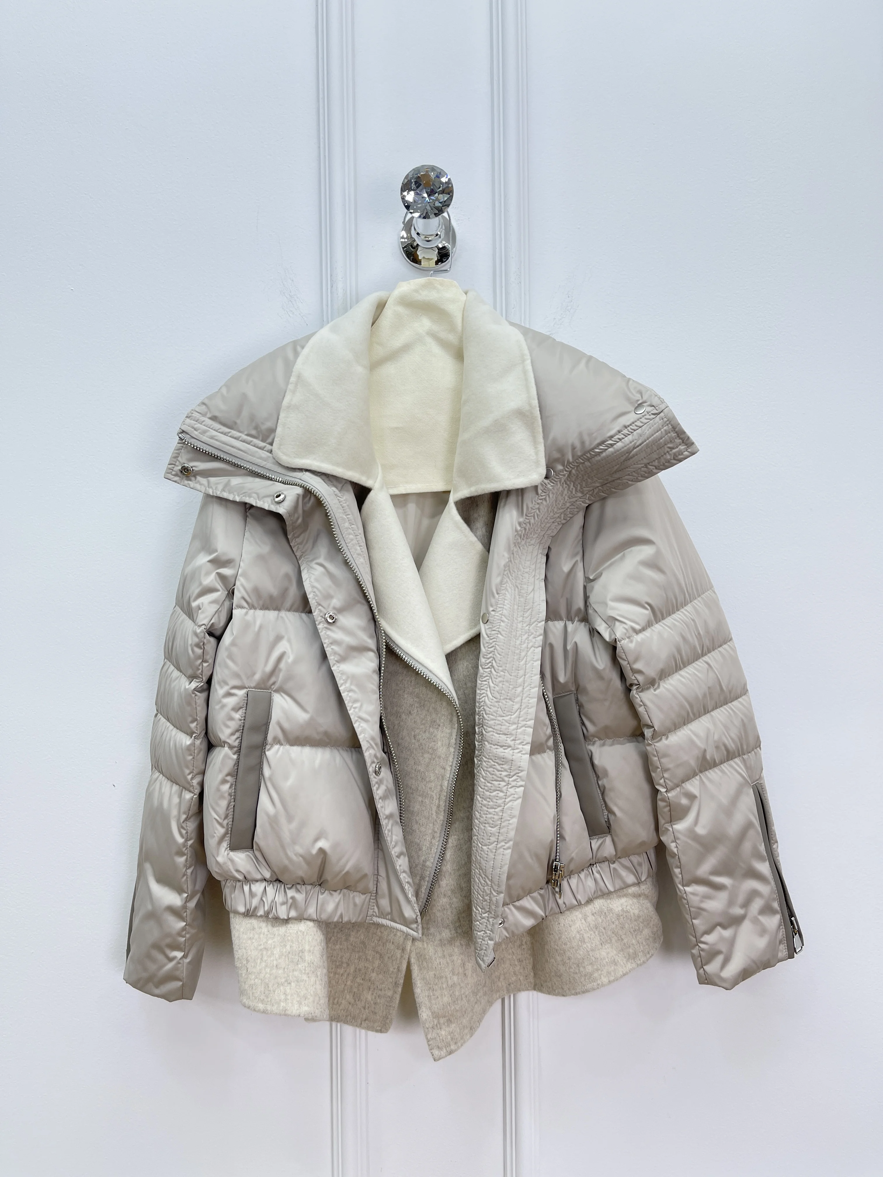 Automne et hiver nouvelle mode de haute qualité cachemire Double face en Nylon faux deux pièces conception col montant doudoune d'oie pour