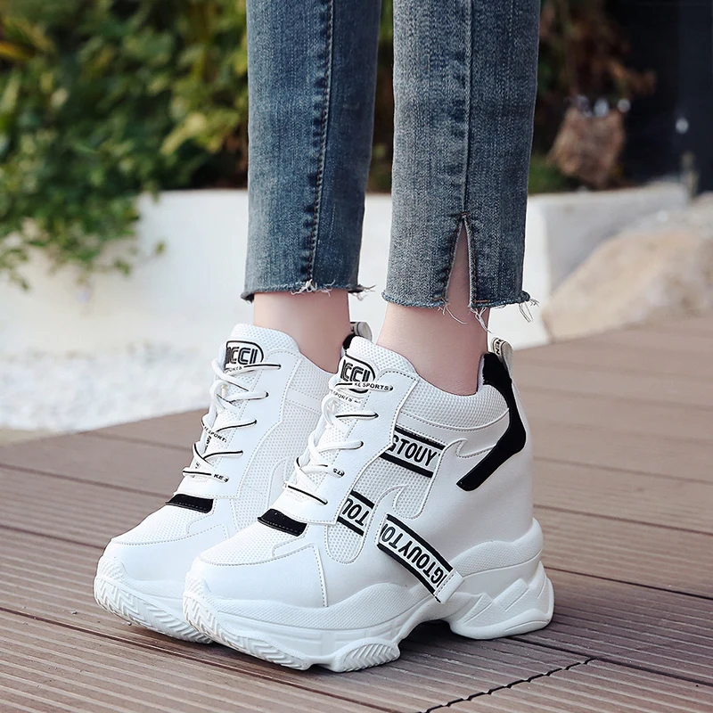 WGZNYN Primavera Autunno 10Cm Super Hihg Scarpe con zeppa Donna Scarpe da ginnastica Scarpe casual femminili Hook Loop Comoda piattaforma Sneaker W05