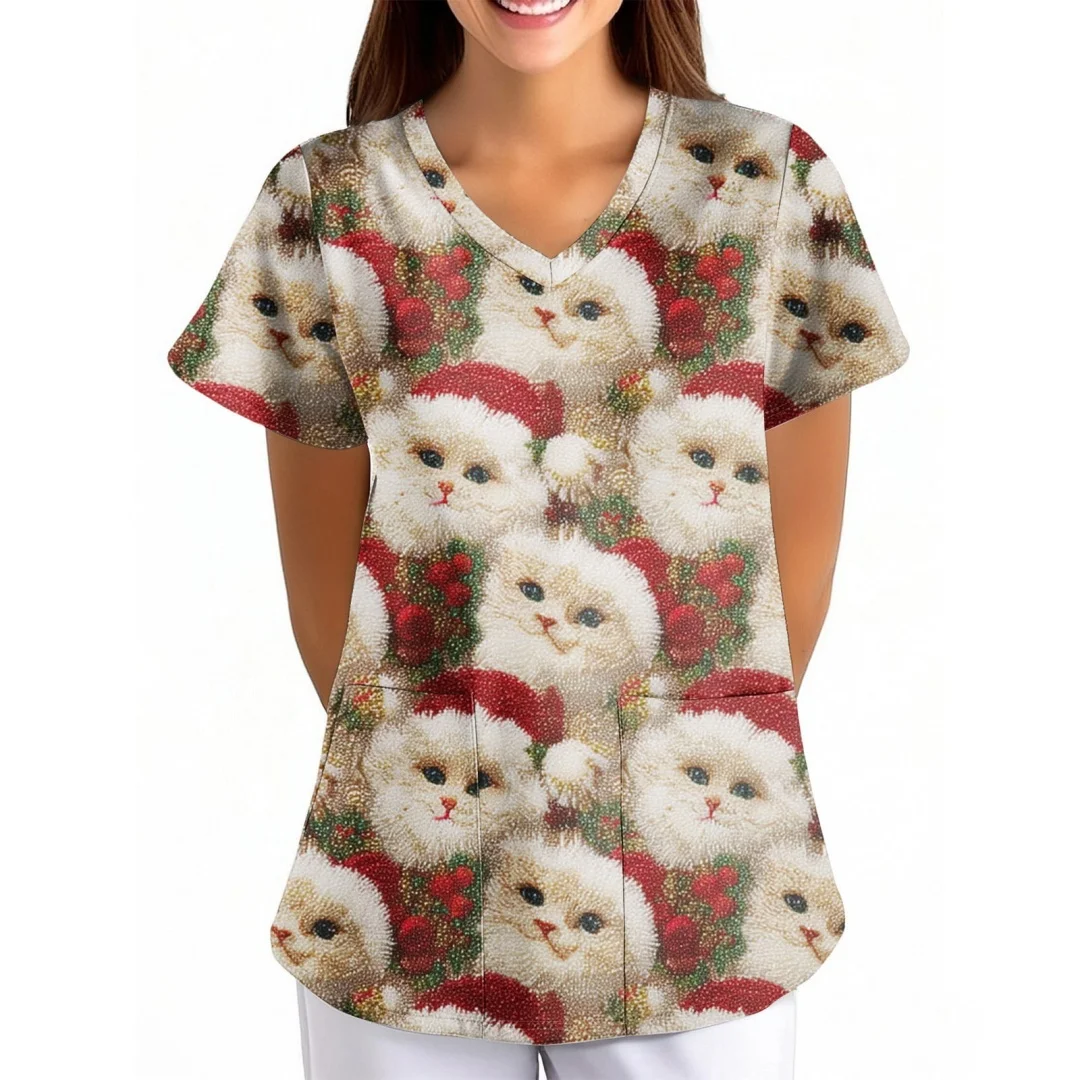Novo natal feminino uniformes médicos boneco de neve dos desenhos animados impressão dentista esfrega casual manga curta enfermeira uniforme bolsos topos cirúrgicos
