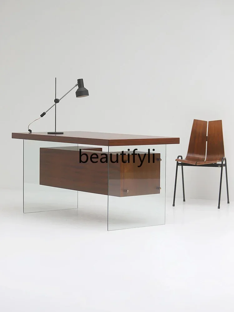 

ssK178 Medieval style desk glass table legs retro designer walnut color desk wabi sabi minimalist modern minimalist