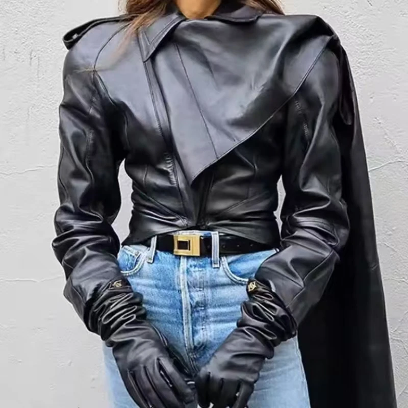 KNOW DREAM Stylish Vegan Leather Blazer Faux PU Leather Jacket Ladies Shawl Collar with Long Sleeves Slim Fit for Fall Appeal