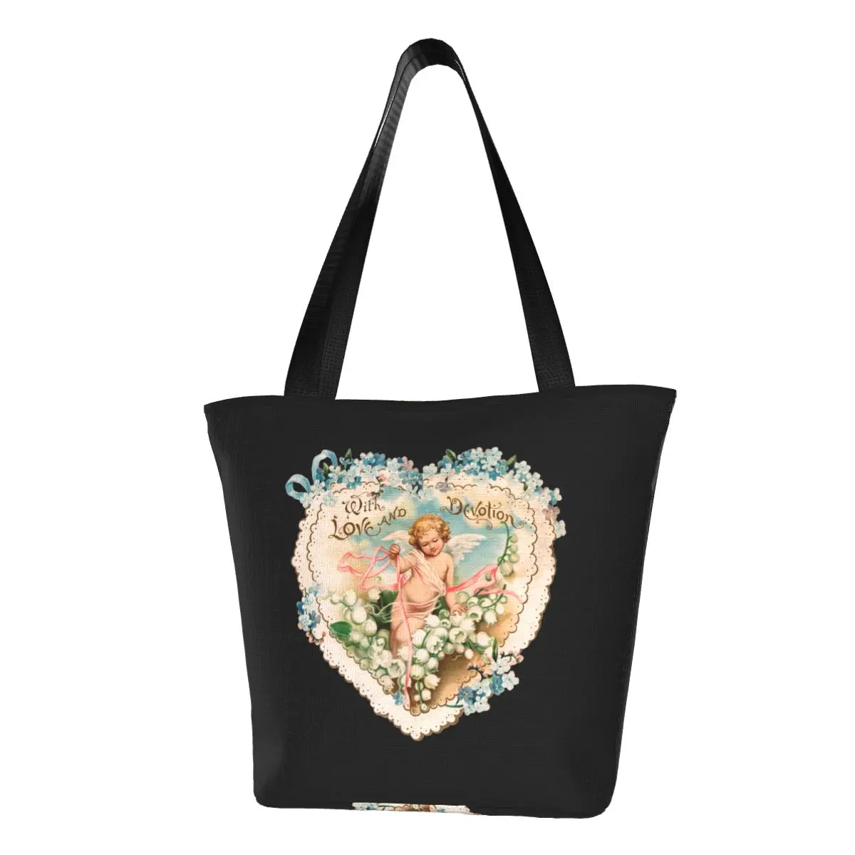 Funny Printing Vintage Valentine Illustration Of A Cupid Shopping Tote Bags Washable Canvas Shopper Shoulder Handbag