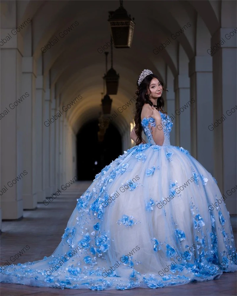 فساتين أميرة قبالة الكتف الكرة فساتين Quinceanera السماء الزرقاء للفتيات مطرز ثلاثية الأبعاد الزهور فساتين حفلة عيد ميلاد الدانتيل حتى الظهر