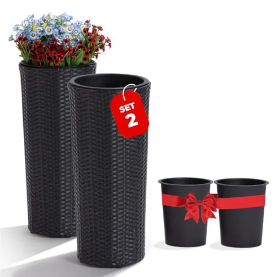 

All Weather Wicker Planters for Outdoor Plants Set of 2, 24 inch Tall Black Planter for Front Porch, Patio, Balcony, Indoor Usa