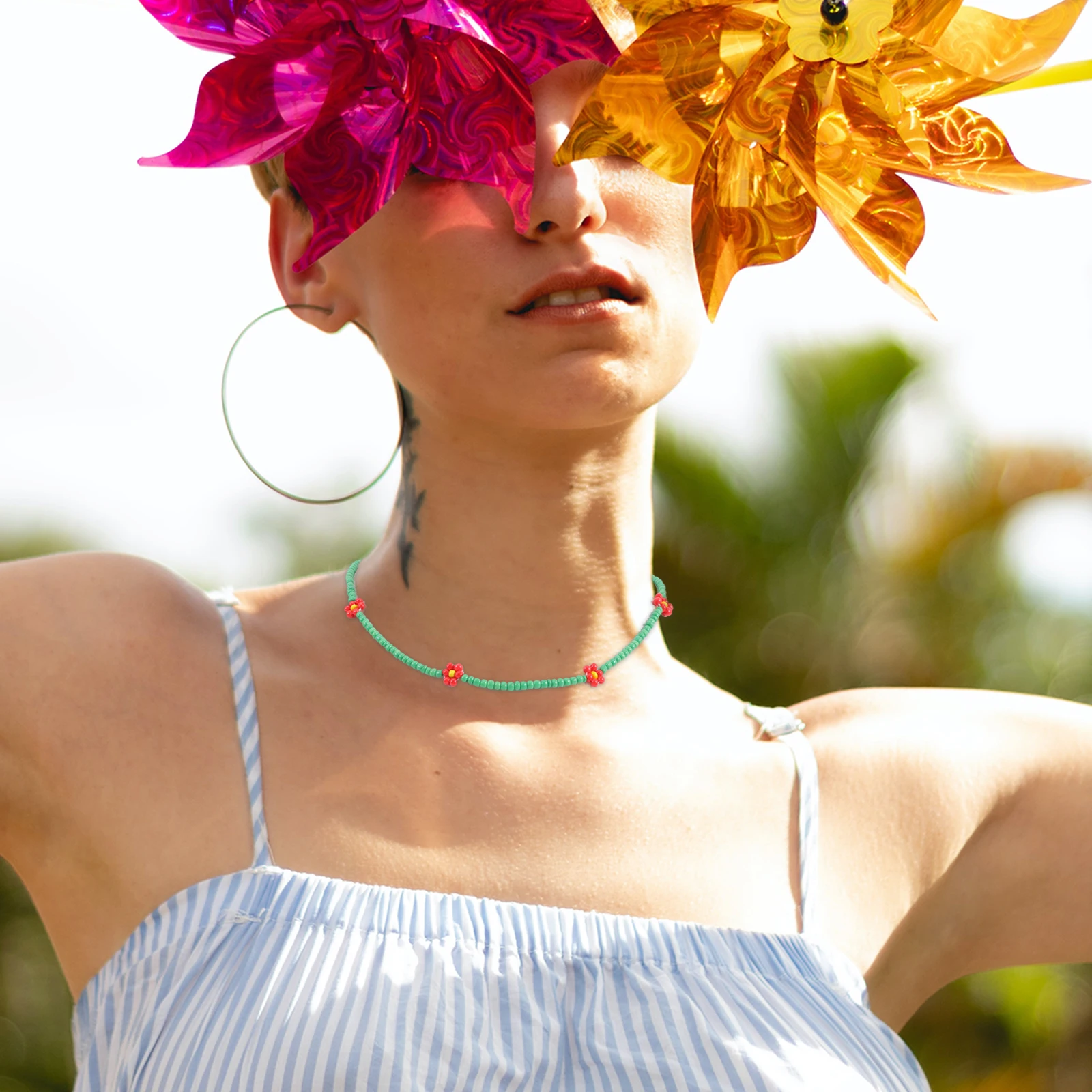 

4Pcs Beaded Necklaces for Women Trendy Summer Beach Jewelry Layered Bohemian Choker Non-Allergenic Lightweight Glossy Design