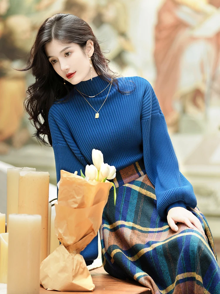 Vintage Elegant Two Piece Skirt Set Women Spring Autumn Long Sleeve Blue Sweater and Long Skirts Winter Outfits