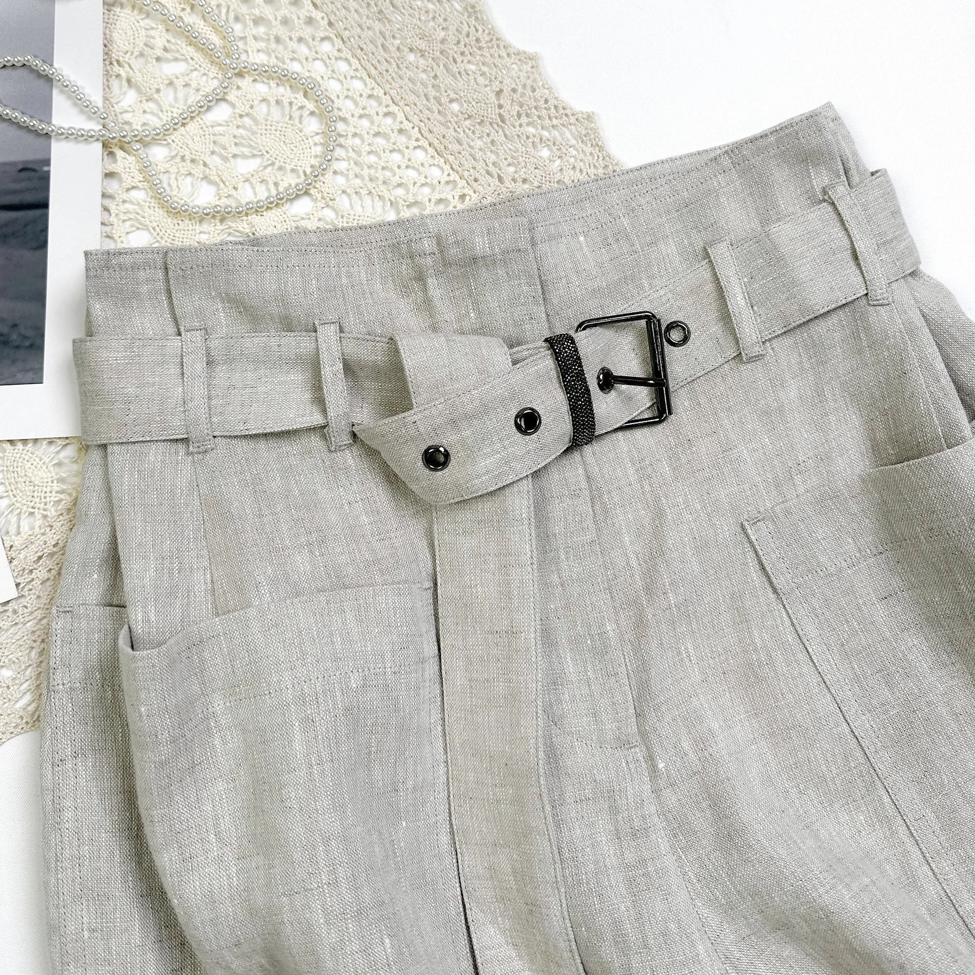 Calções de terno de linho feminino moda casual grânulo corrente cinto all-match shorts