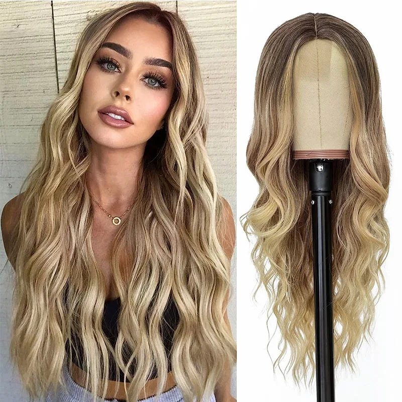 Gradient gold long curly hair  women's small lace wig synthetic fiber headband