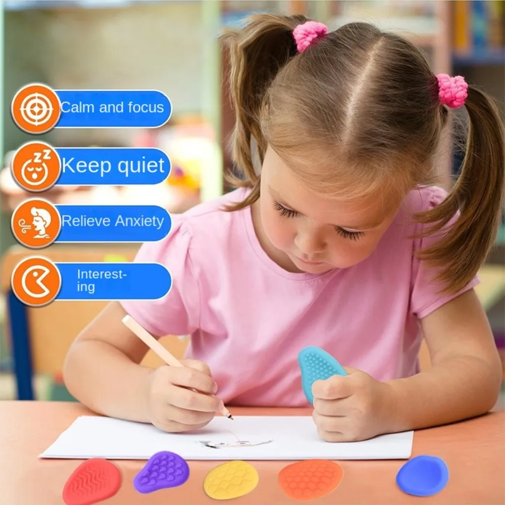 6pcs Silicone Worry Stone Toy Safe ADHD Teens Calm Down Sensory Fidget Toys with Rope Soft Christmas Stocking Stuffers