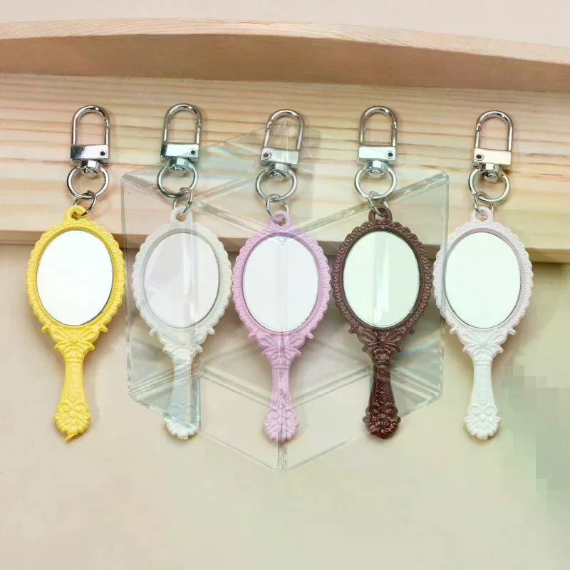 Vintage Mini Handheld Mirror Keychain With Embossed Frame Car Key Ring Bag Charm Backpacks Purses Pendant Party Gift