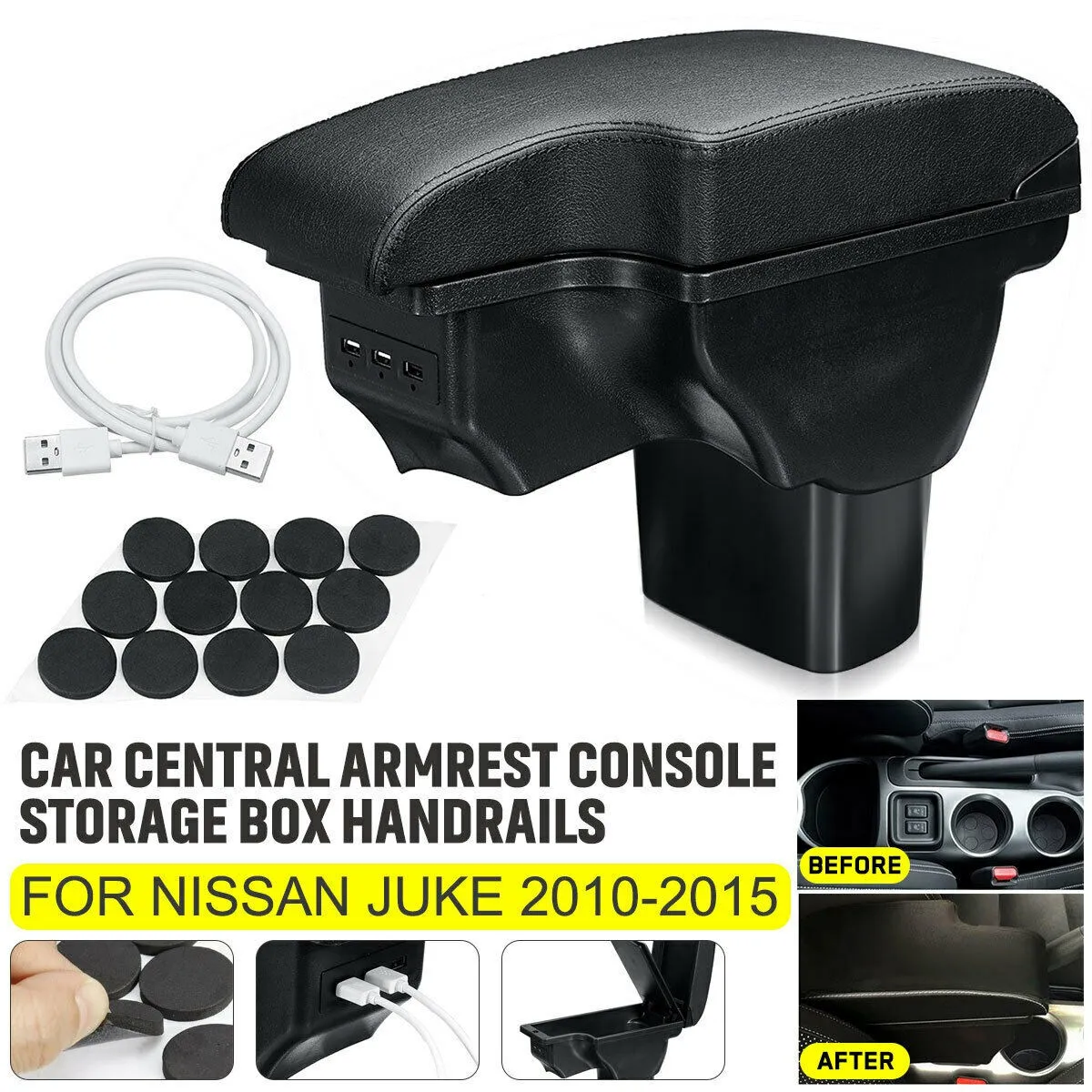 For Nissan Juke Infiniti ESQ 2011-2019 Central Armrest Storage Box Handrails Double Layer Storage with 3 USB Port Black