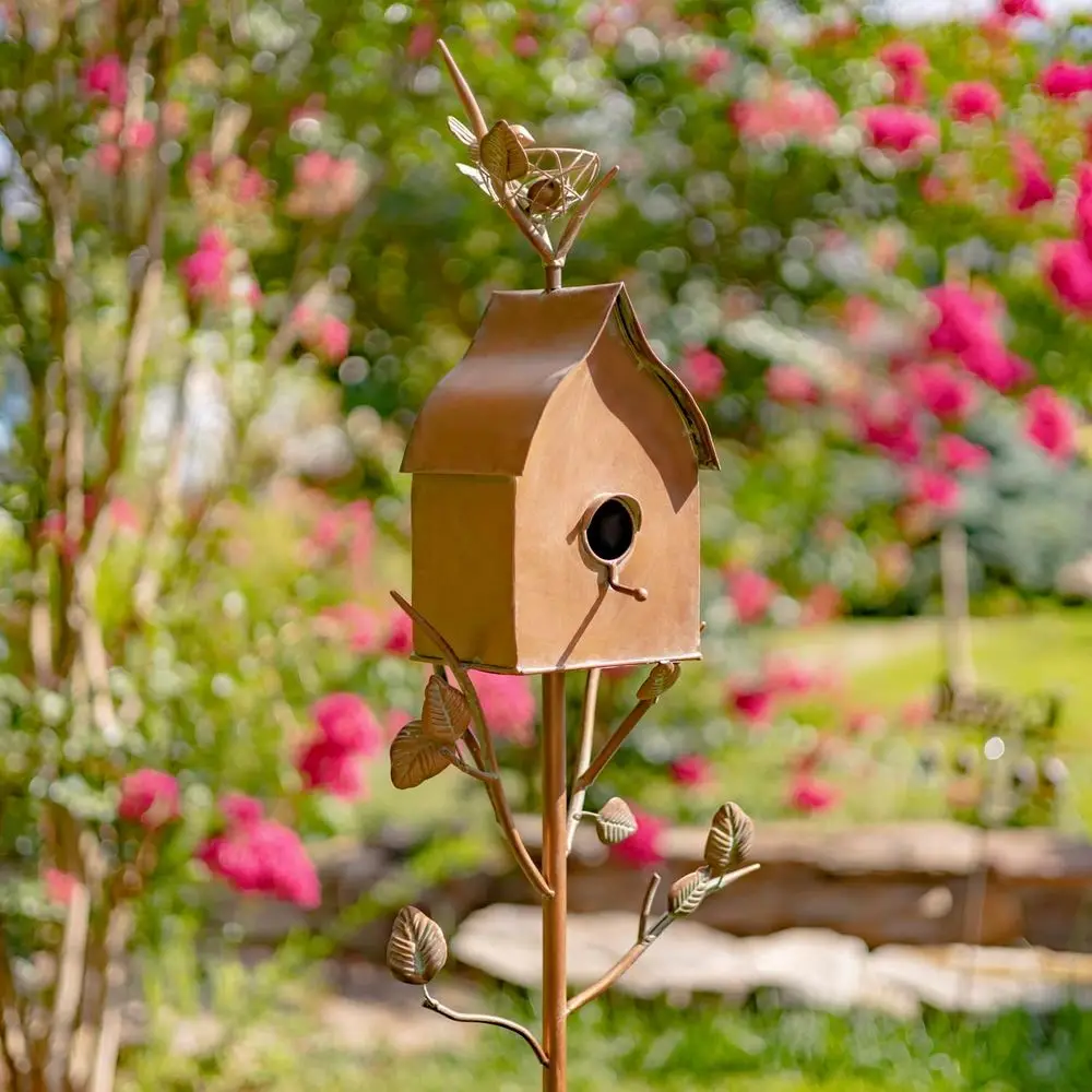 Elegant Copper-Toned Birdhouse Garden Stake in House Design