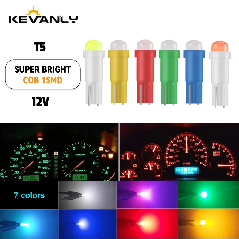 10pcs T5 LED Lights T5 COB W1.2W W3W LED Car Interior Light Auto Side Wedge Dashboard Gauge Instrument Lamp Bulb 12V white green