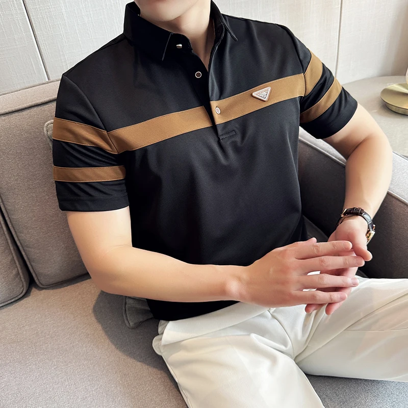 Ice Silk High Elastic Waffle Striped Color Block Polo Shirt for Men\'s Short Sleeved Lapel T-shirt Casual Business POLO Tee Tops