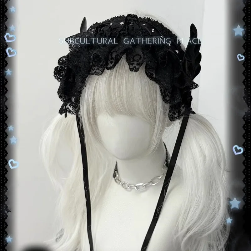 Nuovo originale Y2K nero gotico rivetto fascia ali gotiche scure copricapo Lolita cosplay pizzo sottocultura fascia