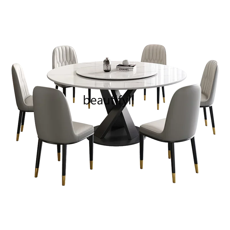 

Italian light luxury rock slab dining table and chair combination household size round table modern simplicity