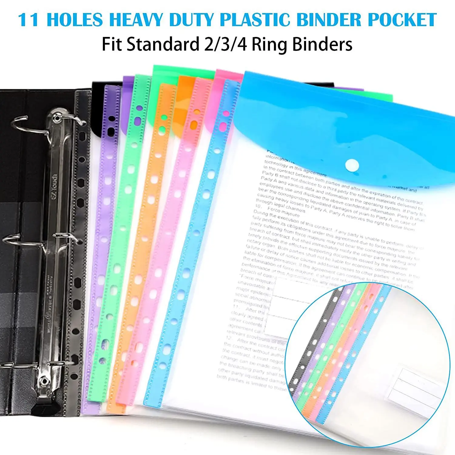 

12 Pack A4 Punched Pockets Plastic Wallets - 11 Holes Expandable Binder Pocket Envelope File Folders