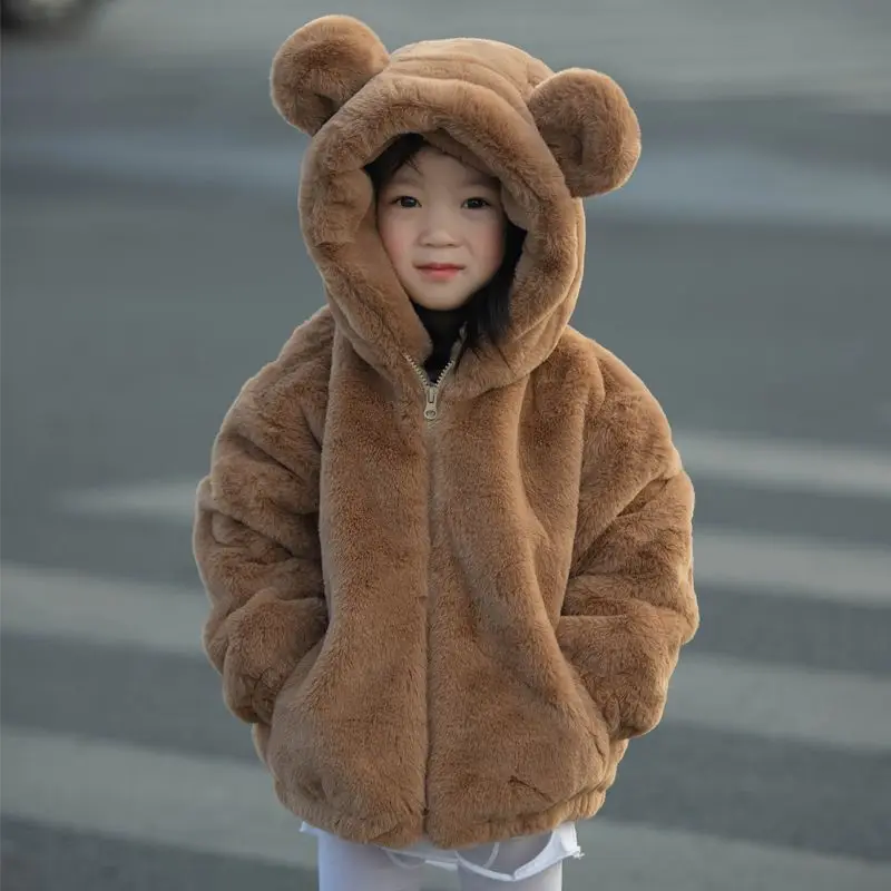 

Autumn Little Girls Clothing Solid Color Cute Bear Hooded Jacket Fur Girls Jackets Girls Outerwear Coats Korean Baby Clothes S97