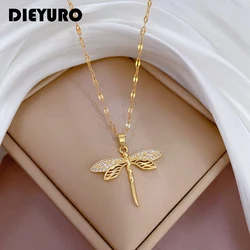 DIEYURO 316L Stainless Steel Personality Dragonfly Pendant Necklace For Women Fashion Girls Clavicle Chain Party Jewelry Gifts