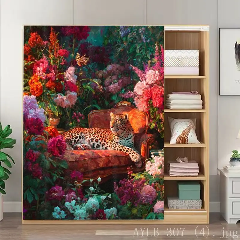 VIKAMA Leopard Art Print Noren Door Curtain Jungle Plant Wardrobe Conceal Cover Room Divider Bedroom Closet Indoor Privacy Drape