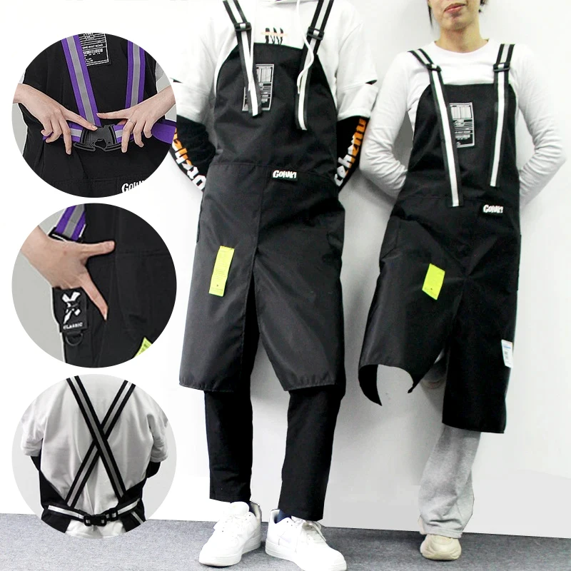 

New Trendy Aprons Waterproof Oil Resistant 2 Bags Bibs Coffee Shop Hairdresser Slit Overall Chef Adjustable Nail Salon Apron