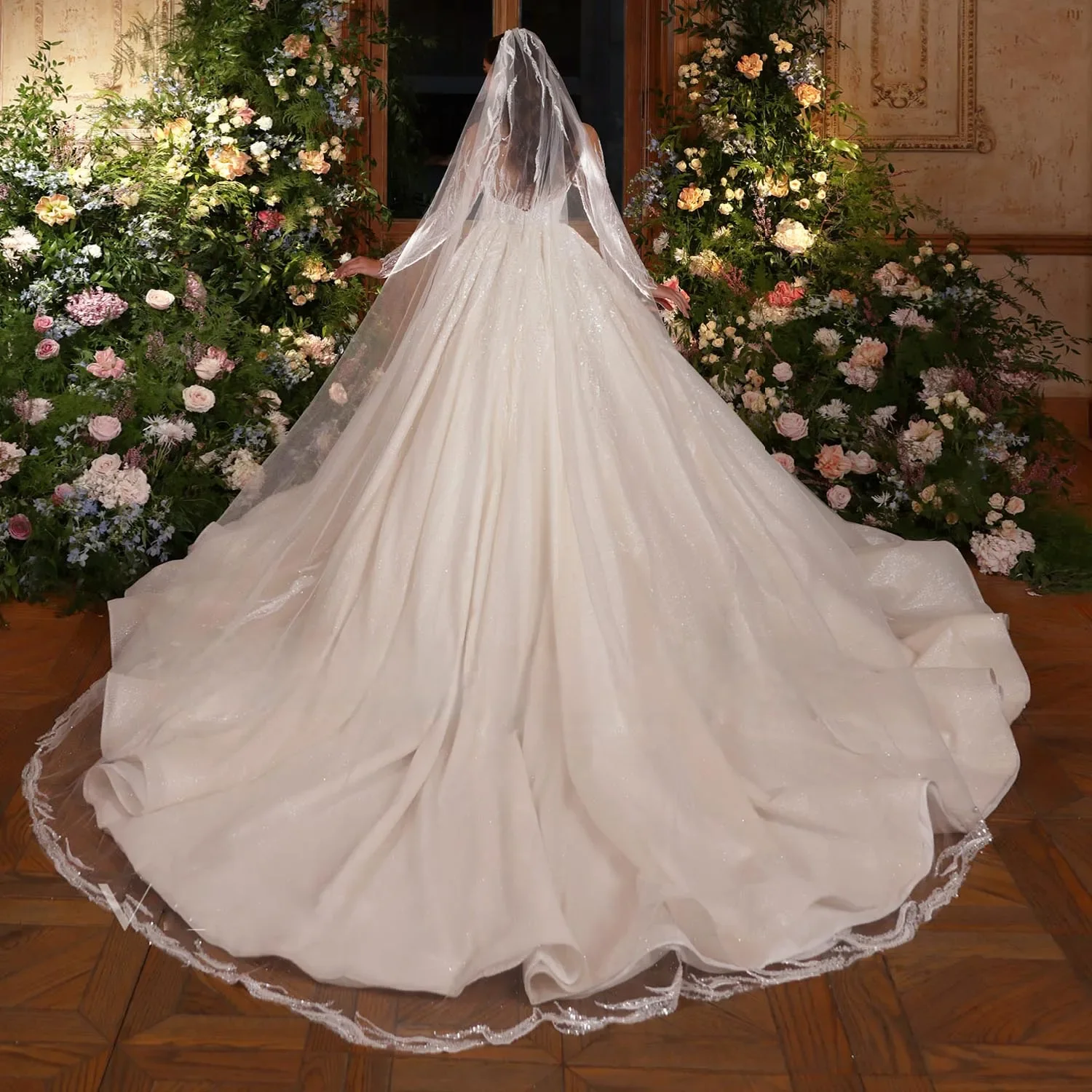 Vestido De novia De manga larga De lujo personalizado, vestidos De novia con cuello redondo y purpurina, ilusión De espalda, Vestido De novia Vintage