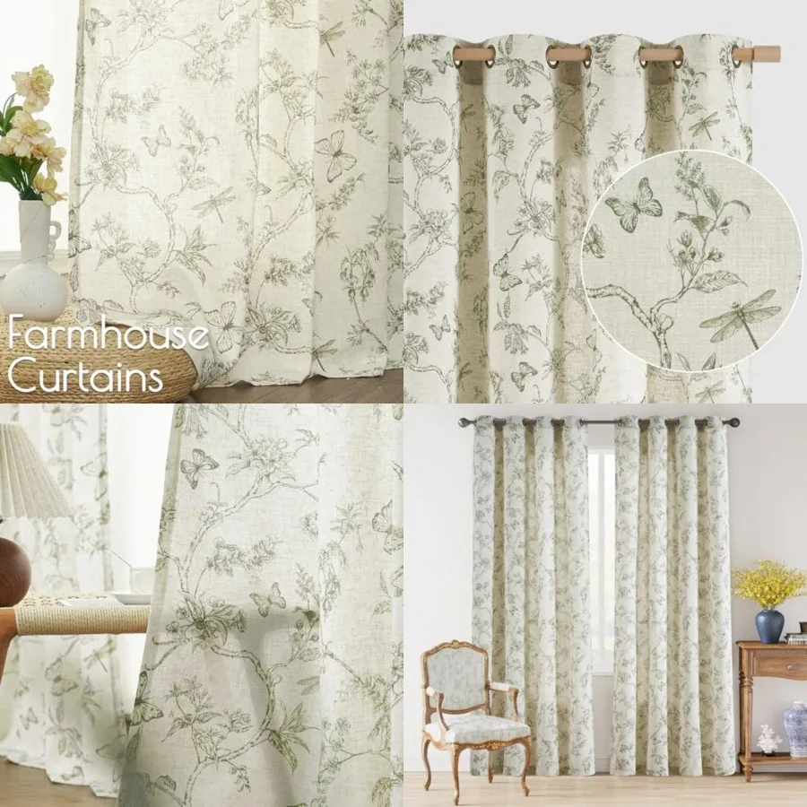 

Floral Linen Farmhouse Curtains 84 Inch Length Drapes for Living Room Bedroom Pattern Light Filtering Country Vintage Curtain T