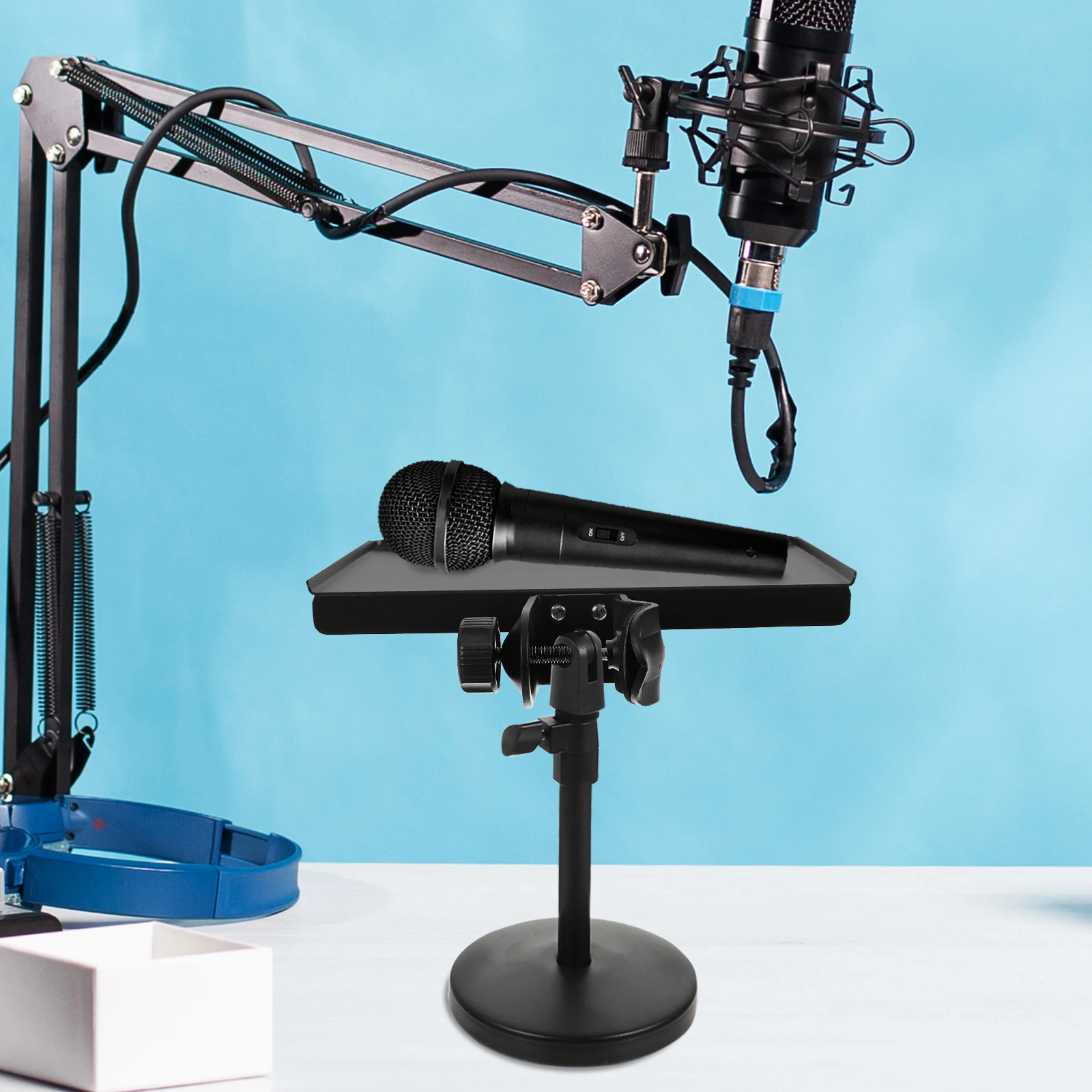 

Live Broadcast Microphone Stand Tray Adjustable Height Sound Card Clip-on Tray for Stage and Office Mic Holder