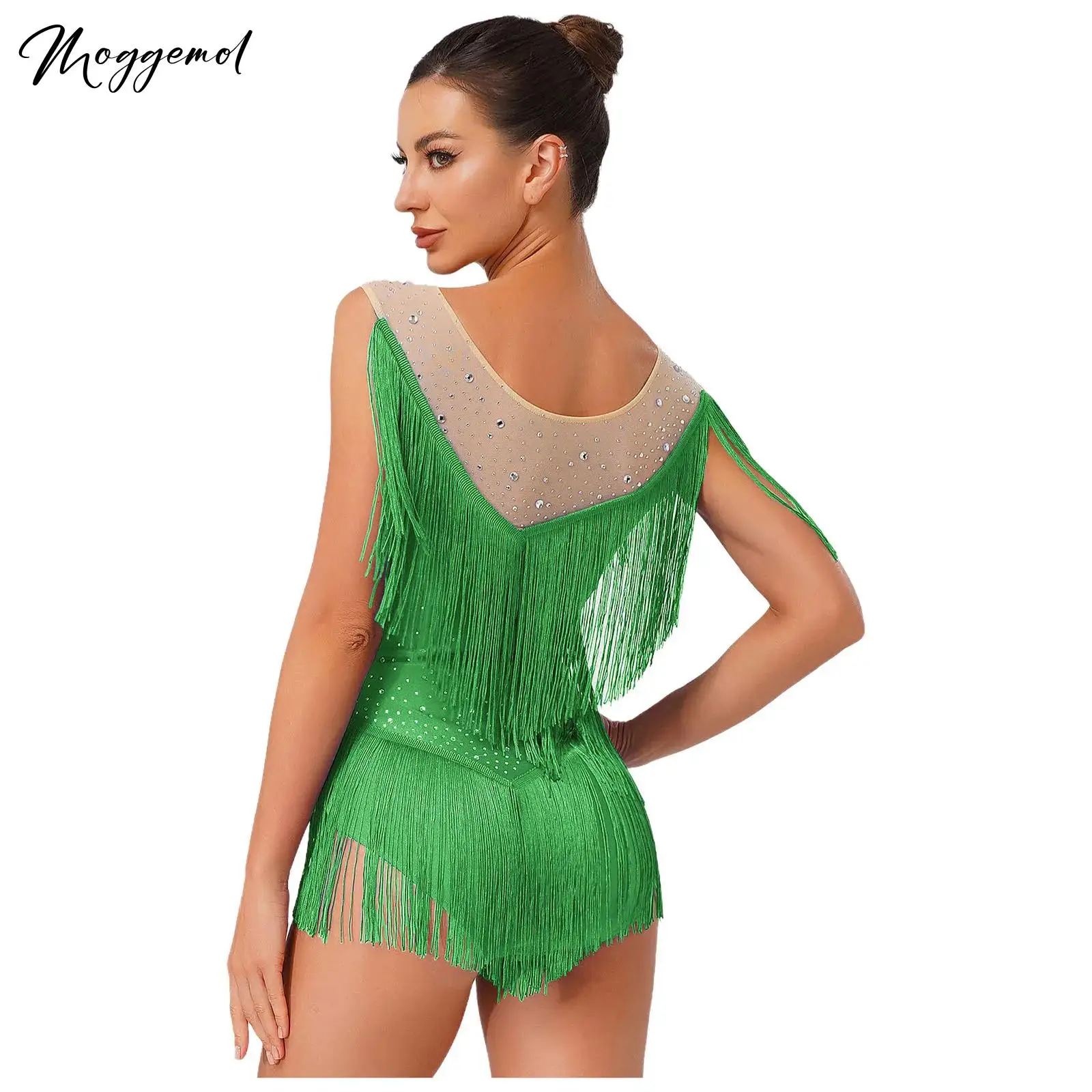 Body para mujer Chacha Rumba Samba Tango latino baile borla con diamantes de imitación cuello redondo sin mangas gimnasia patinaje artístico leotardo