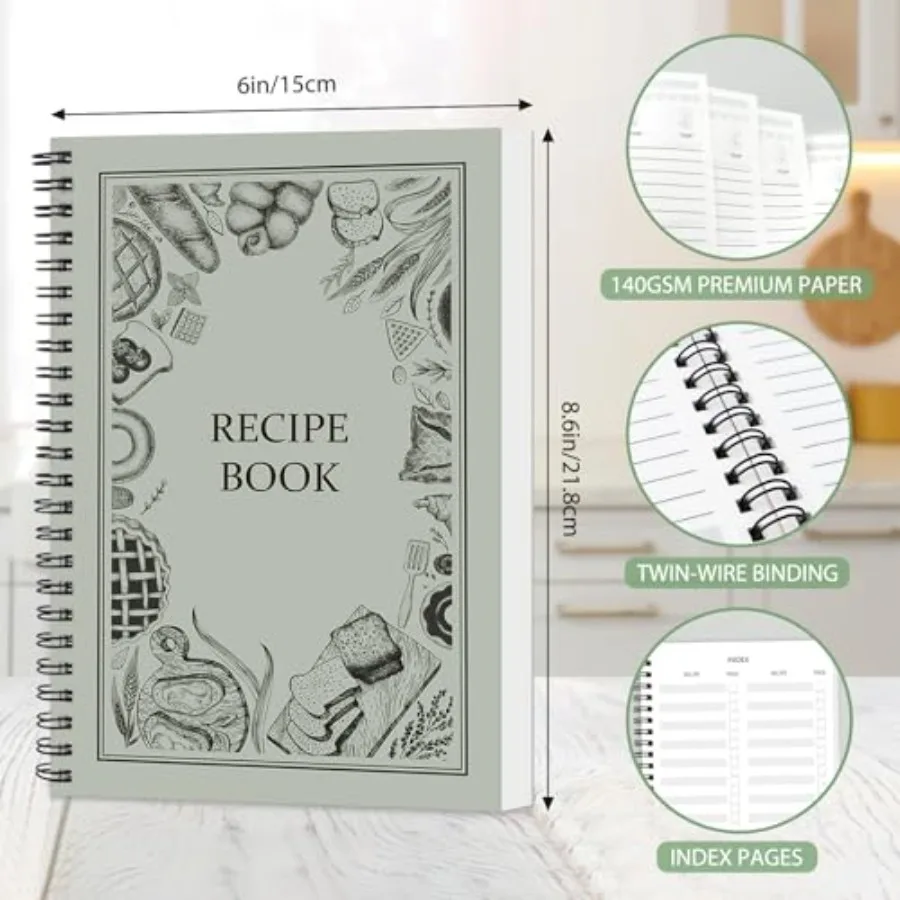 كتاب وصفات للكتابة في وصفاتك الخاصة، صفحات مقاومة للماء ومقاومة للتمزق، غلاف فني حلزوني، كتاب وصفات فارغ مع 48 علامة تبويب