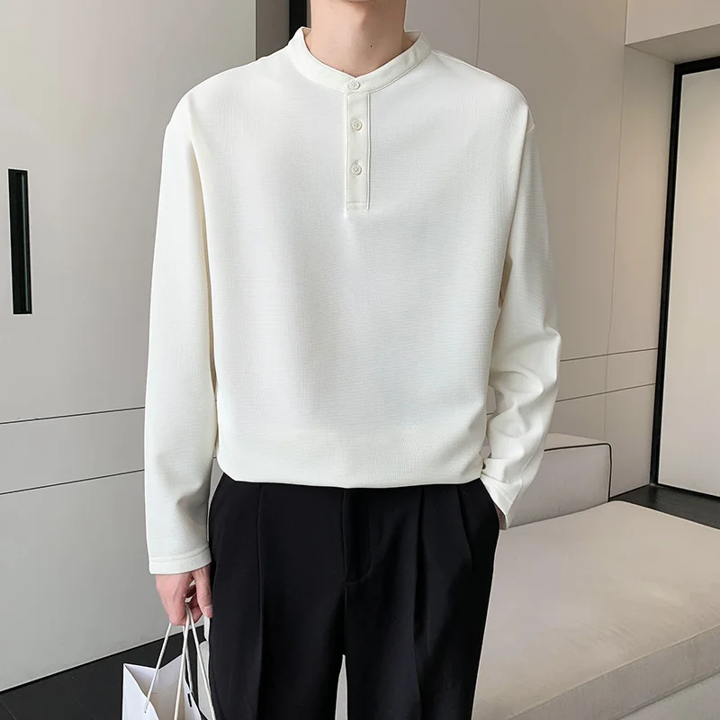 

2024 Solid Color Casual Henry Collar Long-sleeved T-shirt for Men. Everyday Autumn Top for Men O Neck