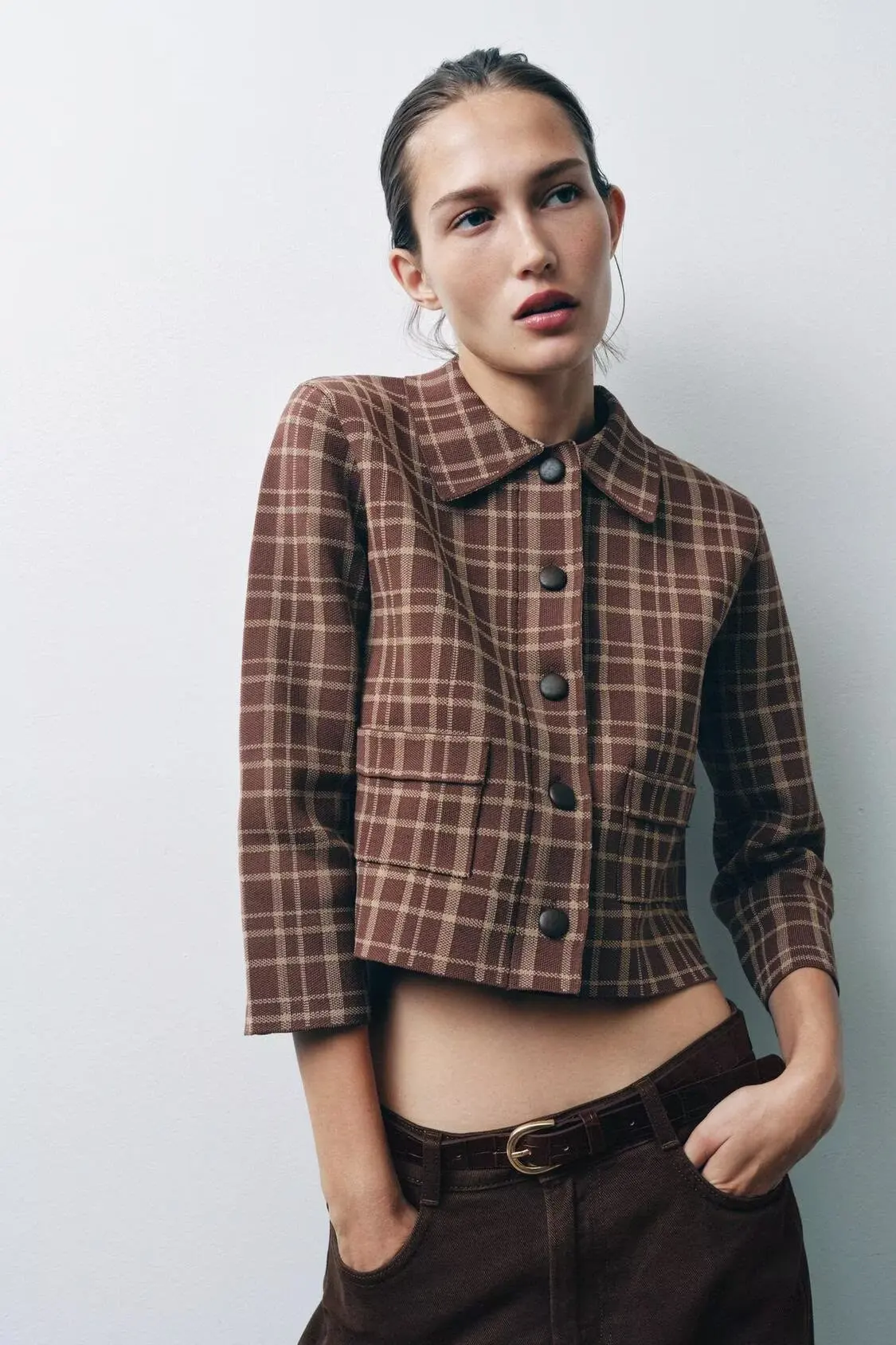 BB6869 الخريف 25 جديد تأثير الجلود اصطف زر الديكور متقلب طوق سبعة كم محبوك معطف قصير 4192145 #1