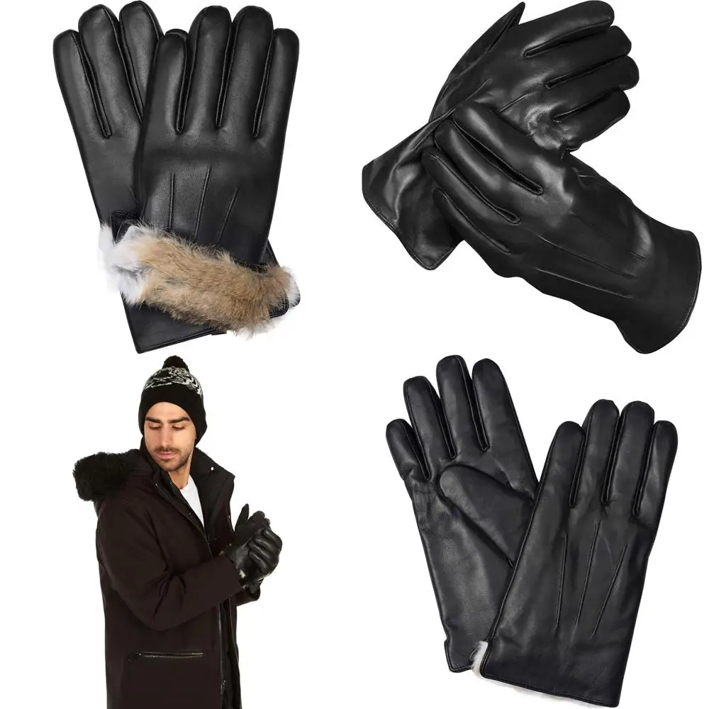 

Men's Genuine Sheepskin Leather Winter Gloves with Rabbit Fur Lining - Luxury Warmth Gift Box Included