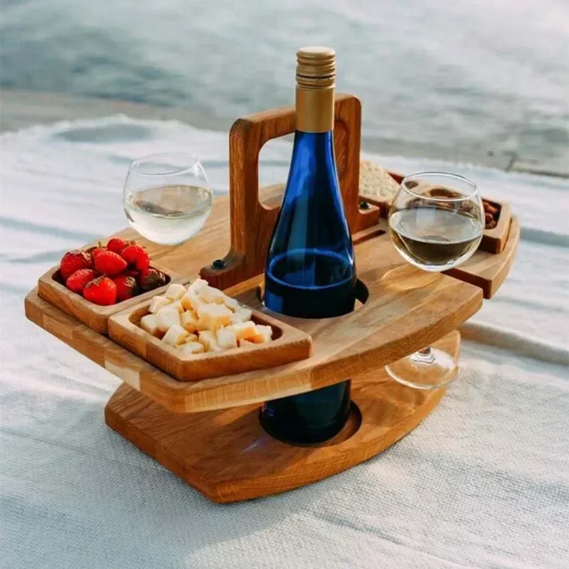 Mesa de Picnic plegable de madera con soporte de vidrio, escritorio redondo, estante de copa de vino, mesa plegable, bandeja de aperitivos para