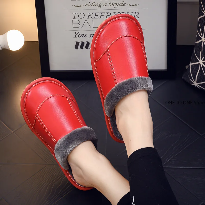

New Leather Slippers Women's Indoor Home Floor Silent Soft Bottom Non-slip Waterproof Wear-resistant Cotton Slippers Winter Men