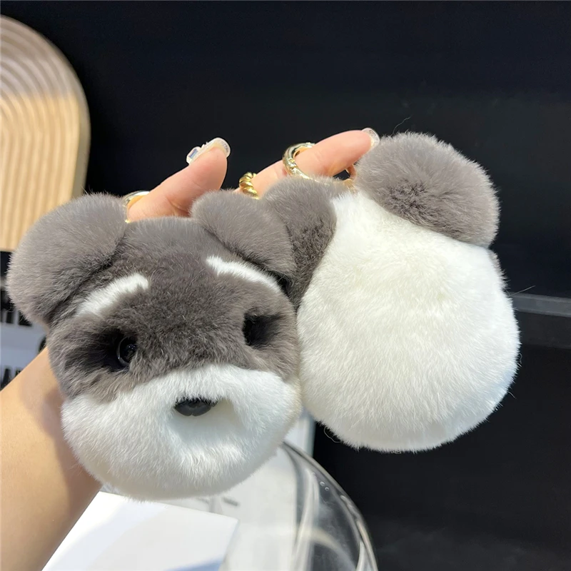 Cute Small Dog Real Rex Rabbit Fur Keychain Plush Ball Women Bag Pendant Car Keyring Jewelry Metal Ring Trinkets Kids Toy Gift