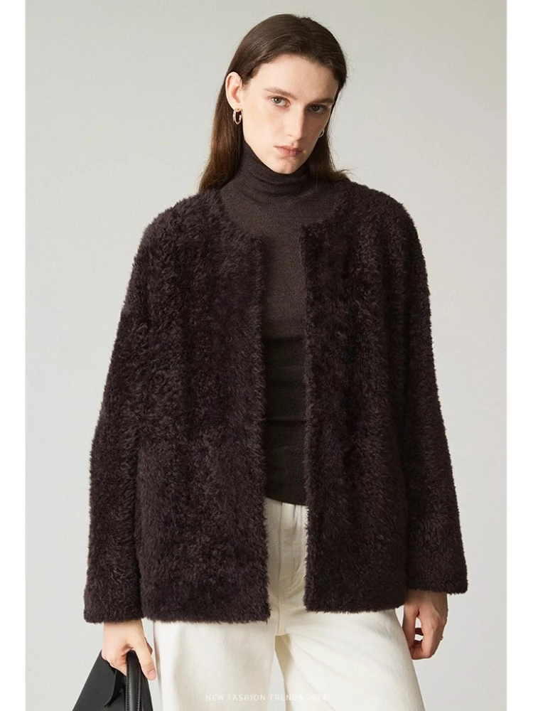 

High-end Luxury Lacon Lamb Fur Shearling Jackets for Women 2026 New Simple Classic O-neck Winter Genuine Leather Real Fur Coat