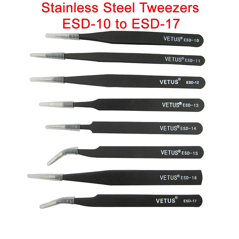 Stainless Steel Tweezers ESD10 ESD17 Anti Static Fine Pointed Elbow Precision Tweezers Soldering Tools Industrial Tweezers DIY