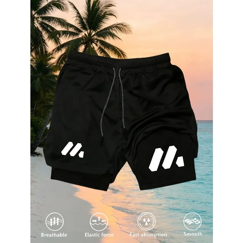 Comfortable Elastic Men Quick Dry 2 in 1 Shorts Double-deck Gym Fitness Training Shorts Outdoor Running Beach Casual Sports Wear