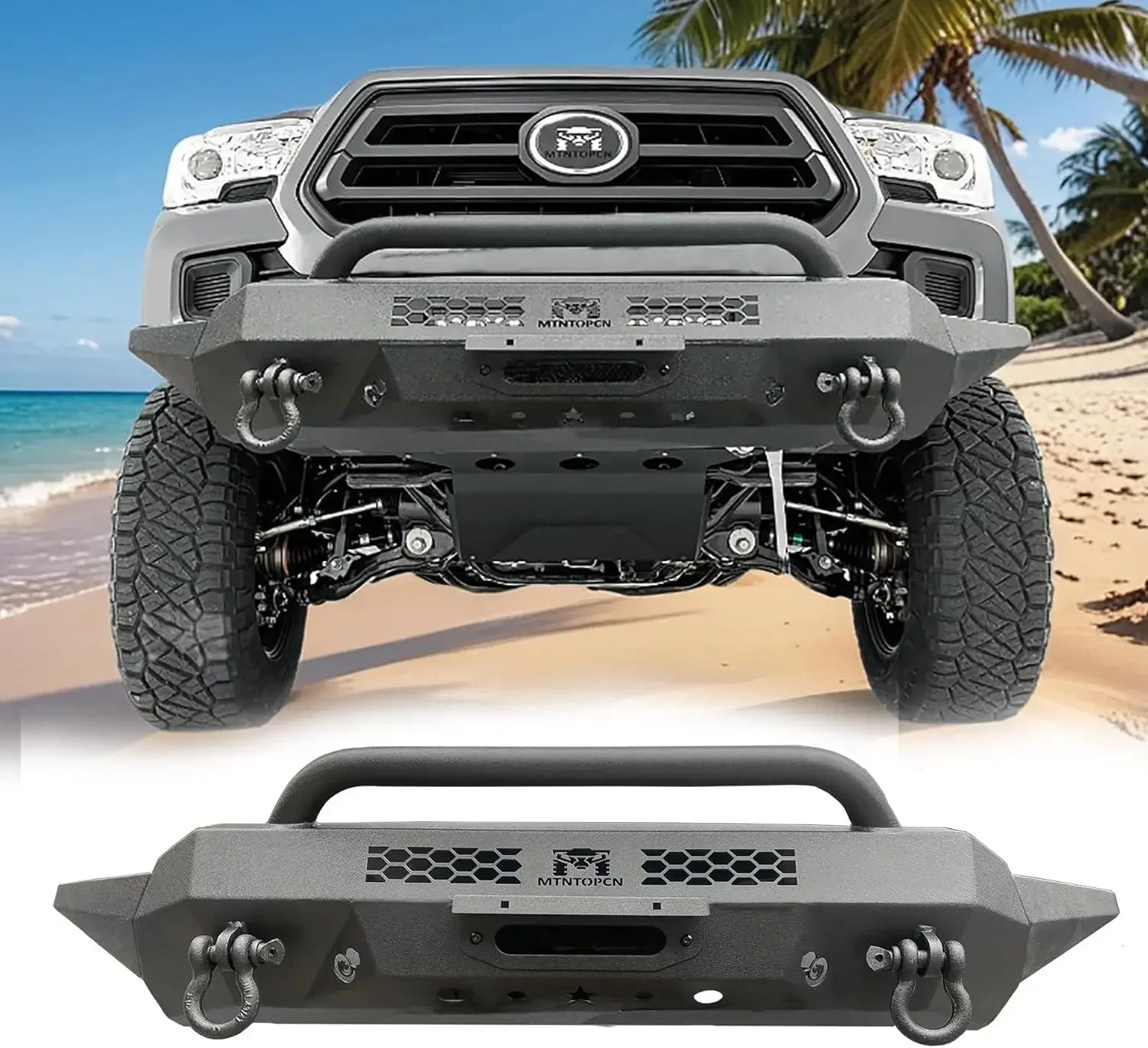 

Steel Front Bumper Compatible for Toyota Tacoma 2016-2023 pick up assembled with two Wings & Winch Plate-Textured black