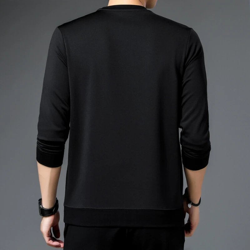 Black O-neck Long-sleeve T-shirt, Durable, Loose-fitting Casual Autumn Men's Hoodie Everyday Exercise Top.M-4XL