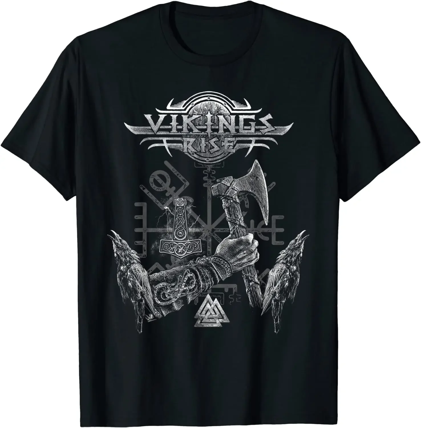 Nordic Warrior Rise Axe Crows Valknut Rune Norse Myth T-Shirt 100% Cotton O-Neck Short Sleeve Summer Casual Mens T-shirt