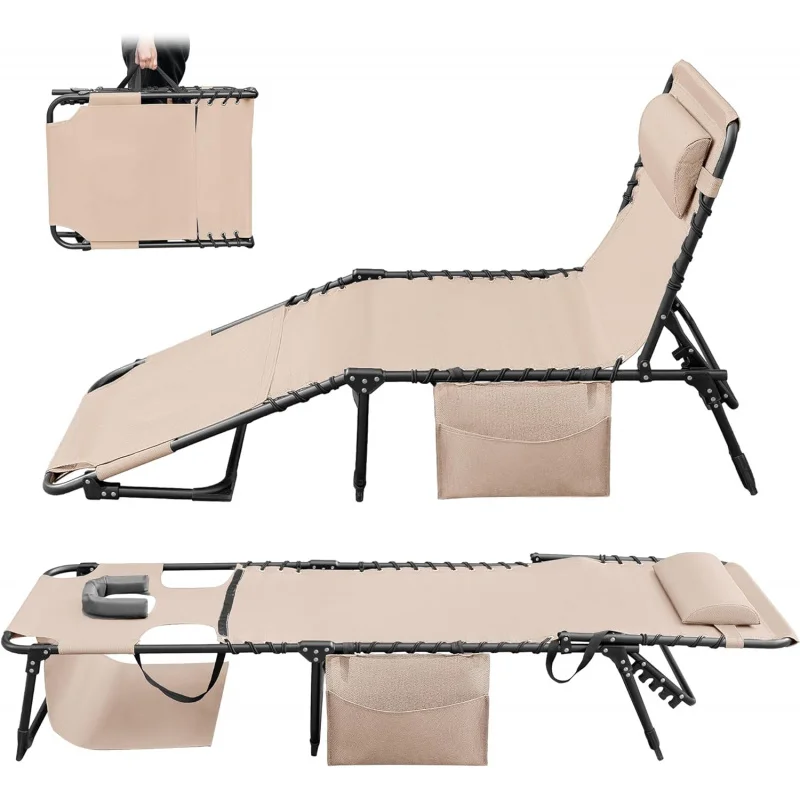 

Chaise Lounge Folding Tanning Chair with 5 Position Adjustable Back, Detachable Pillow & Pocket for Outside Pool, Beach, Sunbath