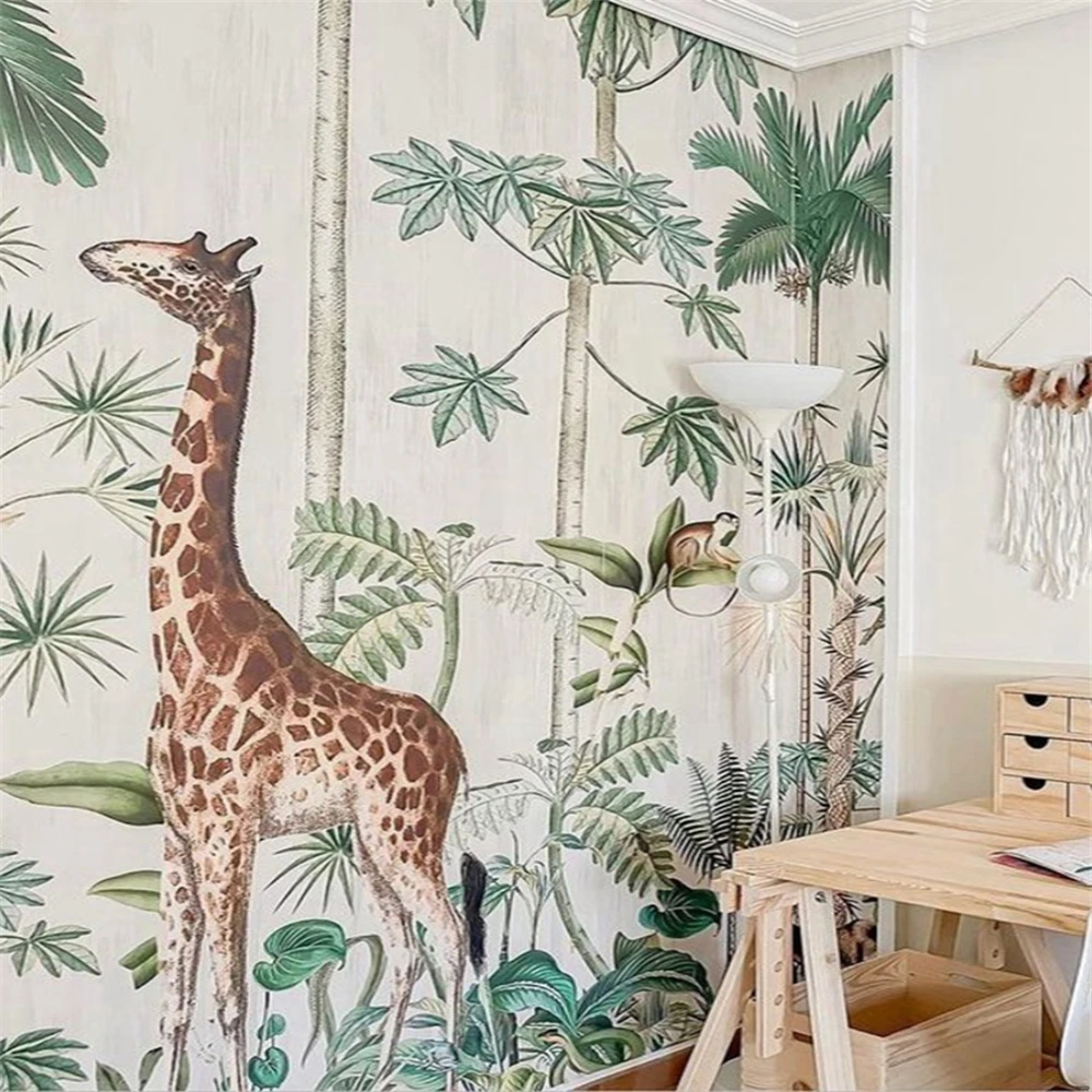 custom 3d Cartoon Animal mural wallpapers for living room Palm Tree Tropical Leaves art Wallpaper for Children's Room Background