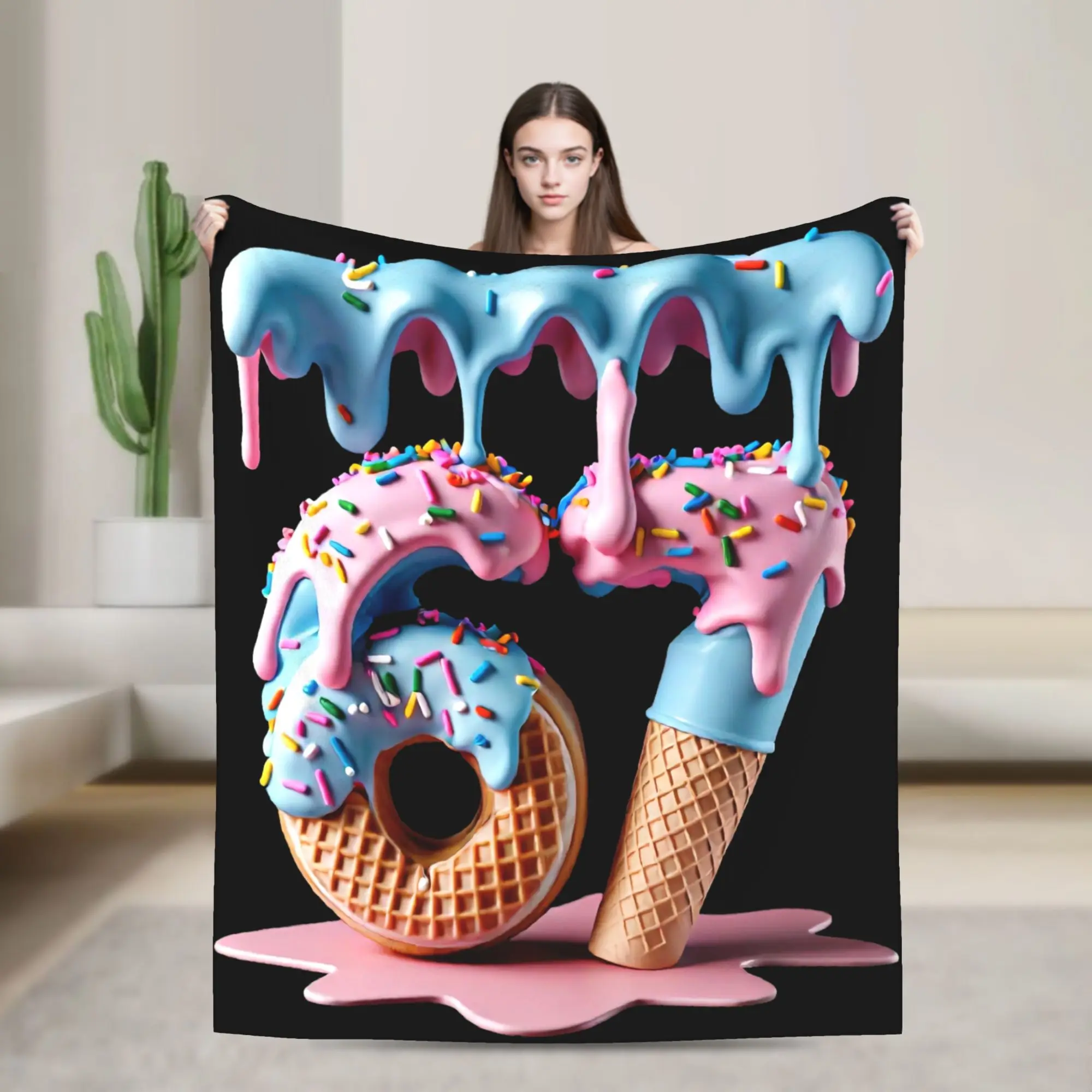 Soft flannel all-season comfort blanket printed with melted ice cream and doughnut patterns, suitable as a gift for students