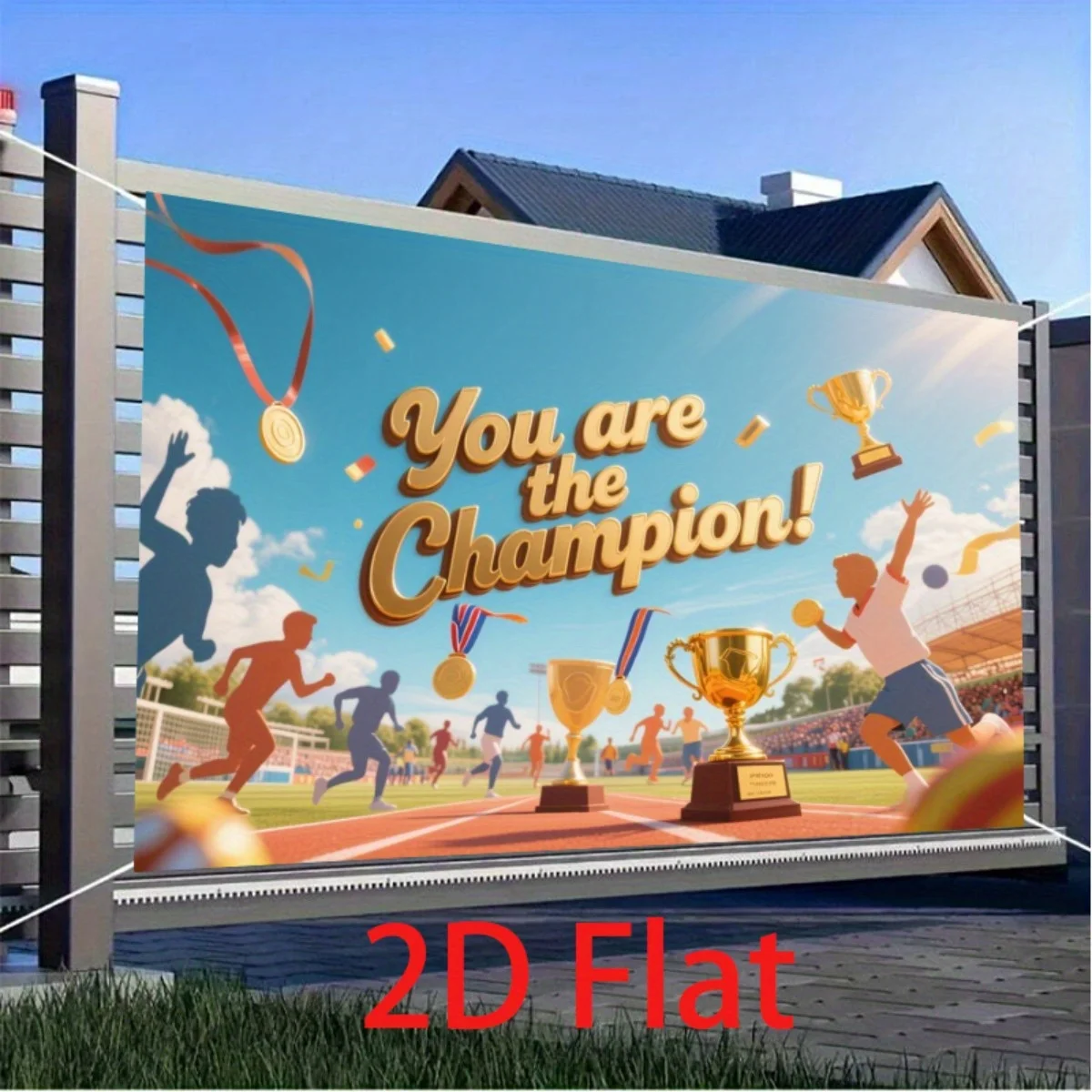 2D Plane (2D Plane Party Banner) 1 piece. Sports background. Displaying silhouettes of athletes holding medals and trophies.