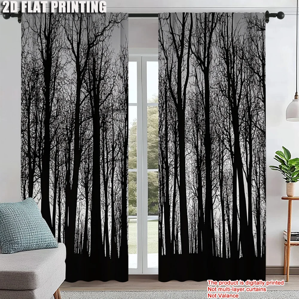 2Pcs Mysterious Black Forest Pine Tree Window Curtains Dark Gothic Rod Pocket Window Drapes For Bedroom Living Room Dining Room