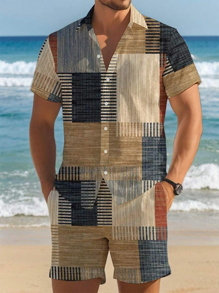 

Summer Everyday Men's Short-sleeved Shirt Street Fashion Beach Shorts Patchwork Striped Print Men's Casual Shirt And Shorts Set