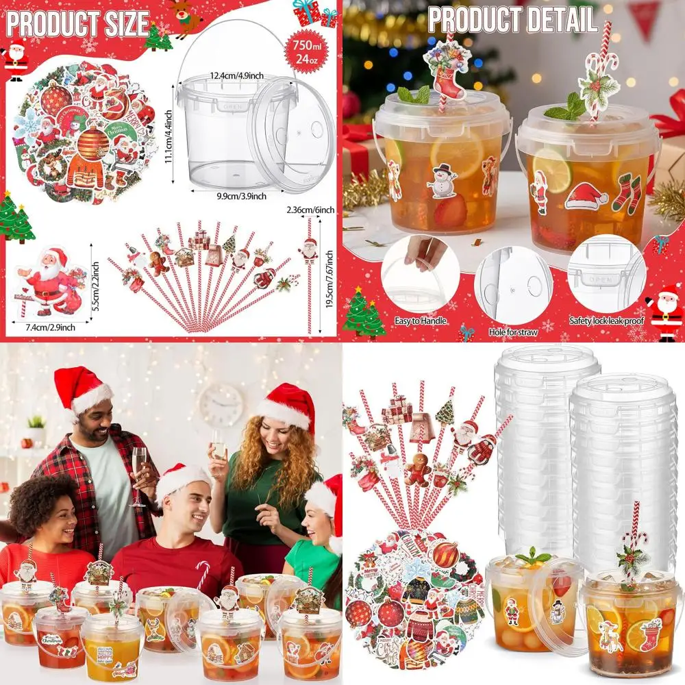 

24oz Clear Christmas Plastic Buckets with Lids, Handles, 48 Straws, and 200 Stickers for Cocktails, Ice Cream, and Party Favors