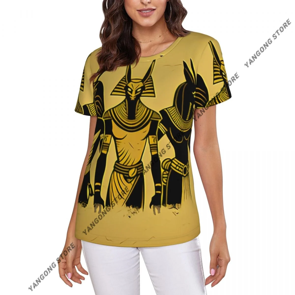 Women's T-shirt Grungy Egyptian Gods Anubis Horus Tshirt Women Casual O-Neck Short Sleeve Tops Tees Clothing